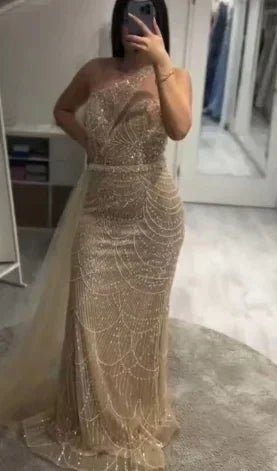 2025 Purple One Shoulder Saudi Arabic Evening Gown with Beaded Side Overskirt Dress for Formal Occasion LA72735