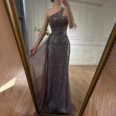 2025 Purple One Shoulder Saudi Arabic Evening Gown with Beaded Side Overskirt Dress for Formal Occasion LA72735