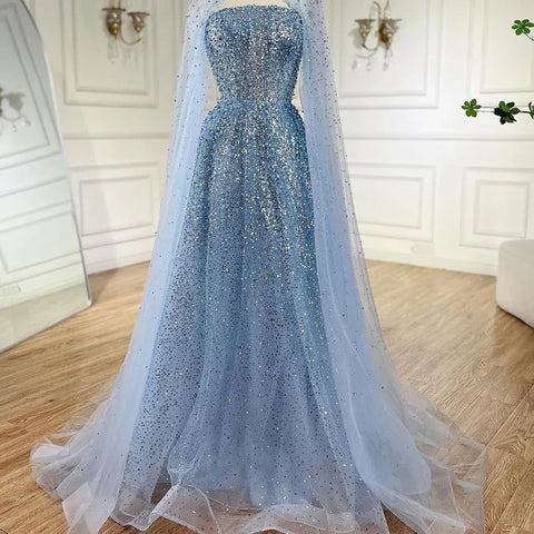 2025 Saudi Arabic Turquoise Evening Gown with Beaded Dress and Elegant Hooded Cape for Formal Occasion LA72659A