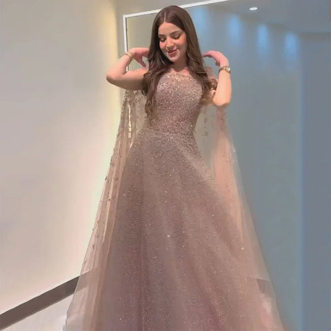 2025 Saudi Arabic Turquoise Evening Gown with Beaded Dress and Elegant Hooded Cape for Formal Occasion LA72659A