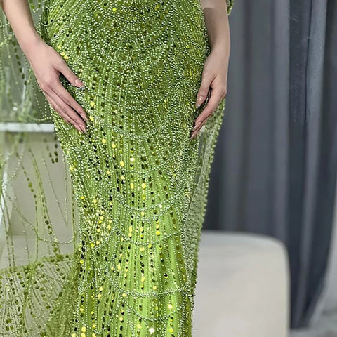 2025 Saudi Arabia Blue Mermaid Cape Sleeve Luxury Beaded Evening Gown for Formal Occasion LA72160A