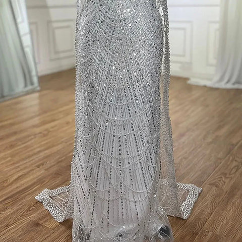 2025 Saudi Arabia Blue Mermaid Cape Sleeve Luxury Beaded Evening Gown for Formal Occasion LA72160A