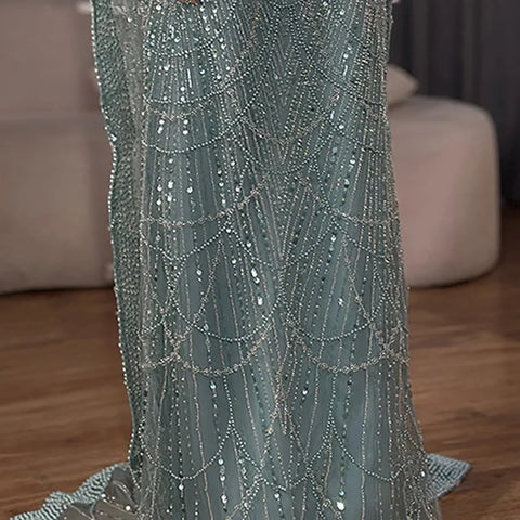 2025 Saudi Arabia Blue Mermaid Cape Sleeve Luxury Beaded Evening Gown for Formal Occasion LA72160A