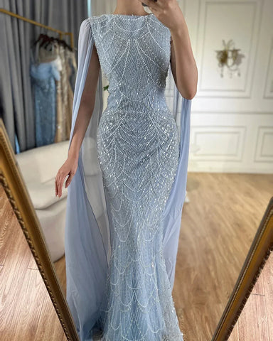 2025 Saudi Arabia Blue Mermaid Cape Sleeve Luxury Beaded Evening Gown for Formal Occasion LA72160A