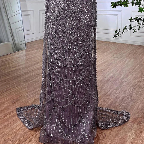 2025 Saudi Arabia Blue Mermaid Cape Sleeve Luxury Beaded Evening Gown for Formal Occasion LA72160A