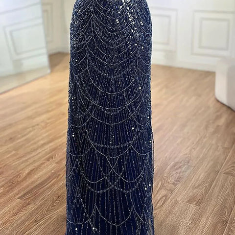 2025 Saudi Arabia Blue Mermaid Cape Sleeve Luxury Beaded Evening Gown for Formal Occasion LA72160A
