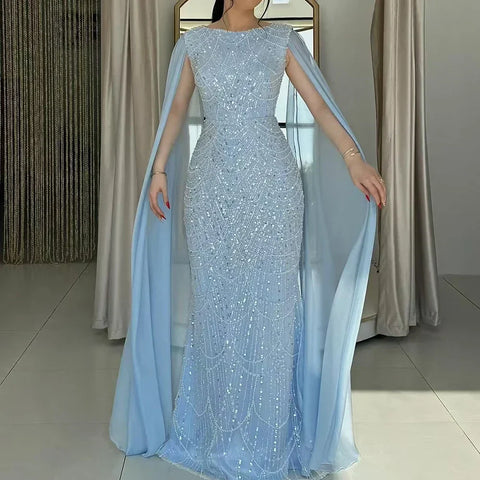 2025 Saudi Arabia Blue Mermaid Cape Sleeve Luxury Beaded Evening Gown for Formal Occasion LA72160A