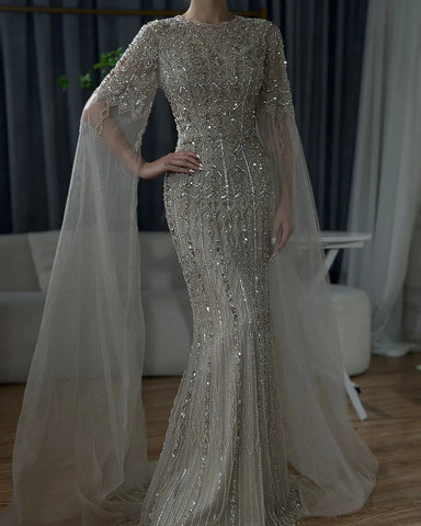 2025 Saudi Arabia Caramel Mermaid Elegant Cape Sleeve Luxury Beaded Evening Gown for Formal Occasion LA72775