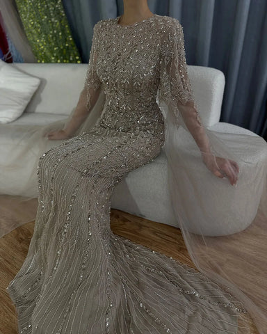 2025 Saudi Arabia Caramel Mermaid Elegant Cape Sleeve Luxury Beaded Evening Gown for Formal Occasion LA72775