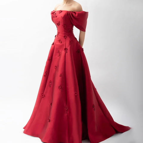 Elegant 3D Flowers Off Shoulder Red Evening Dress LA72778