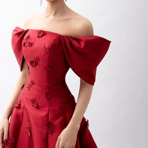 Elegant 3D Flowers Off Shoulder Red Evening Dress LA72778