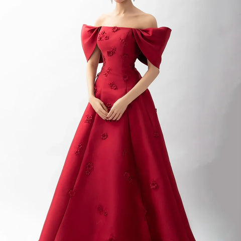 Elegant 3D Flowers Off Shoulder Red Evening Dress LA72778