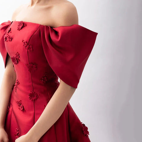 Elegant 3D Flowers Off Shoulder Red Evening Dress LA72778