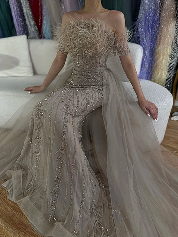 2025 Saudi Arabic Beaded Caramel Mermaid Elegant Evening Dresses Gowns with Overskirt for Formal Occasion LA71634A