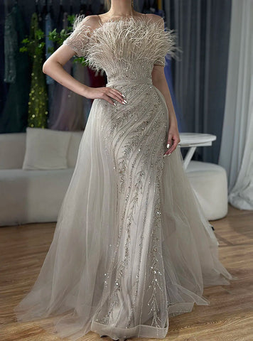 2025 Saudi Arabic Beaded Caramel Mermaid Elegant Evening Dresses Gowns with Overskirt for Formal Occasion LA71634A