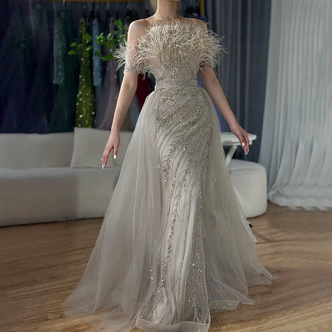 2025 Saudi Arabic Beaded Caramel Mermaid Elegant Evening Dresses Gowns with Overskirt for Formal Occasion LA71634A