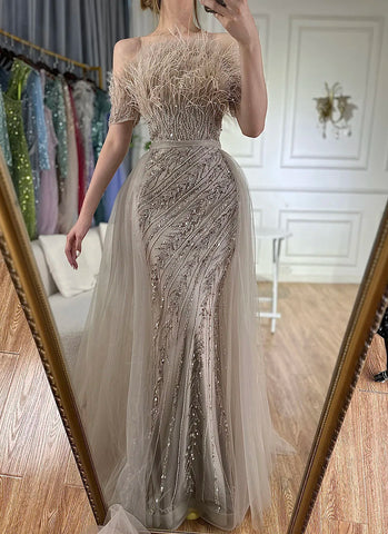 2025 Saudi Arabic Beaded Caramel Mermaid Elegant Evening Dresses Gowns with Overskirt for Formal Occasion LA71634A