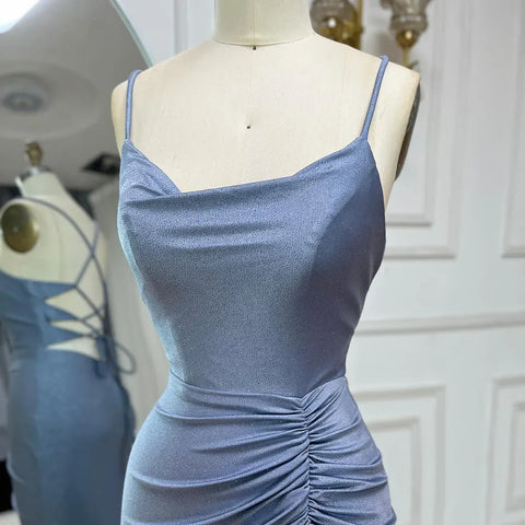 2025 Saudi Arabic Blue Elegant Spaghetti Strap Mermaid Long Evening Gown with Split for Formal Occasion LA72720