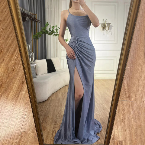 2025 Saudi Arabic Blue Elegant Spaghetti Strap Mermaid Long Evening Gown with Split for Formal Occasion LA72720