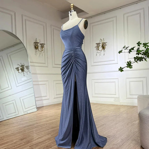 2025 Saudi Arabic Blue Elegant Spaghetti Strap Mermaid Long Evening Gown with Split for Formal Occasion LA72720