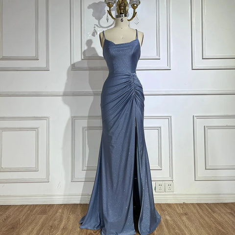 2025 Saudi Arabic Blue Elegant Spaghetti Strap Mermaid Long Evening Gown with Split for Formal Occasion LA72720