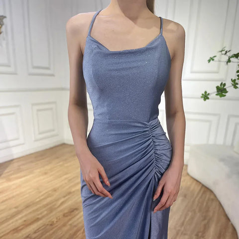 2025 Saudi Arabic Blue Elegant Spaghetti Strap Mermaid Long Evening Gown with Split for Formal Occasion LA72720