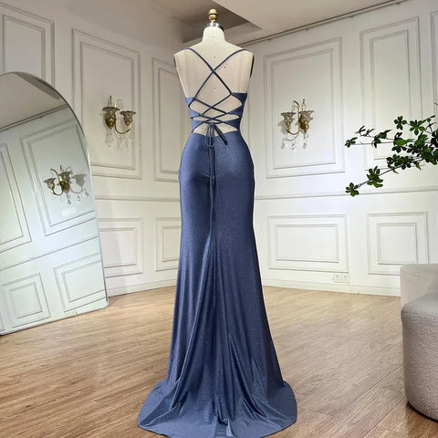 2025 Saudi Arabic Blue Elegant Spaghetti Strap Mermaid Long Evening Gown with Split for Formal Occasion LA72720
