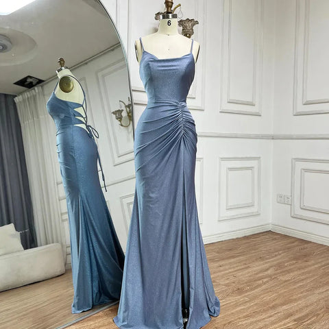2025 Saudi Arabic Blue Elegant Spaghetti Strap Mermaid Long Evening Gown with Split for Formal Occasion LA72720
