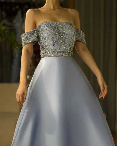 2025 Saudi Arabic Elegant Blue Off-the-Shoulder A-Line Beaded Long Evening Gown for Formal Occasion LA72753