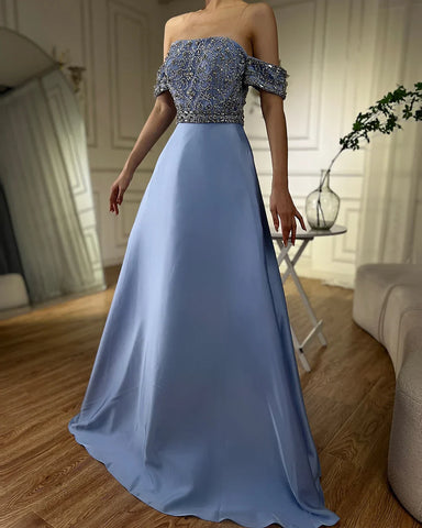 2025 Saudi Arabic Elegant Blue Off-the-Shoulder A-Line Beaded Long Evening Gown for Formal Occasion LA72753