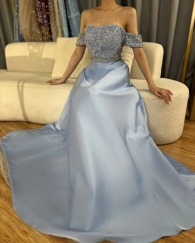 2025 Saudi Arabic Elegant Blue Off-the-Shoulder A-Line Beaded Long Evening Gown for Formal Occasion LA72753