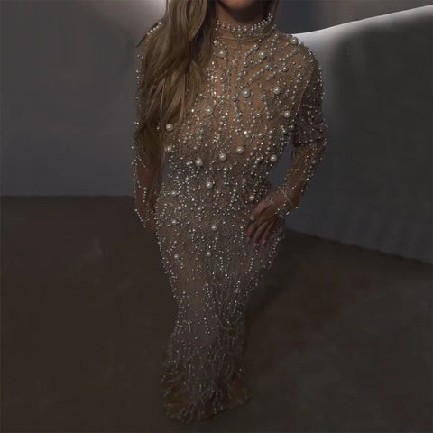 2025 Saudi Arabic Luxury Pearls Beaded Nude Mermaid Evening Gown for Formal Occasion LA72345A