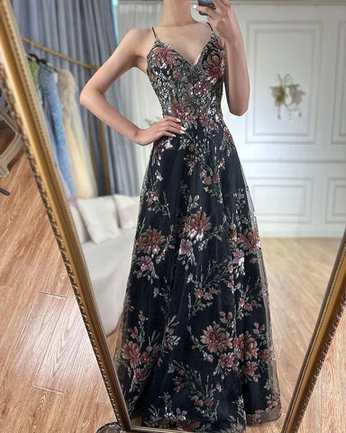 2025 Spaghetti Strap A-Line Black Beaded Luxury Prom Dress for Formal Occasion Saudi Arabic LA72773