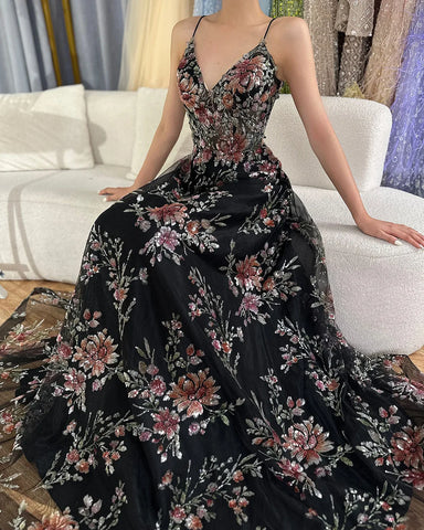 2025 Spaghetti Strap A-Line Black Beaded Luxury Prom Dress for Formal Occasion Saudi Arabic LA72773