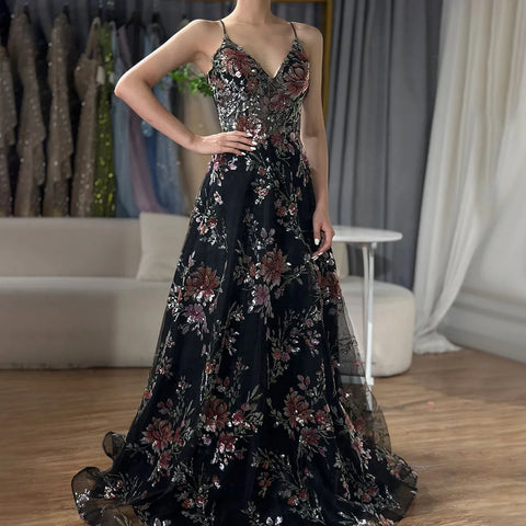 2025 Spaghetti Strap A-Line Black Beaded Luxury Prom Dress for Formal Occasion Saudi Arabic LA72773