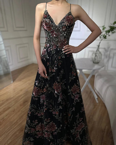 2025 Spaghetti Strap A-Line Black Beaded Luxury Prom Dress for Formal Occasion Saudi Arabic LA72773
