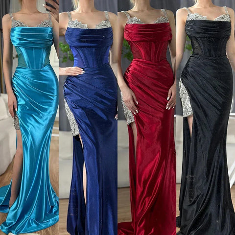 2025 Saudi Arabic Spaghetti Strap Wine Red Satin Evening Dress with High Slit for Formal Occasion LA72776