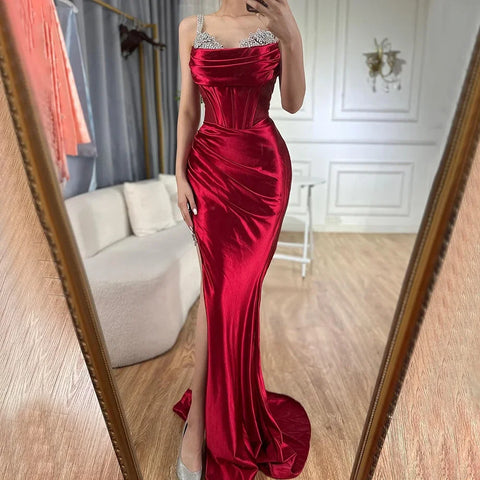 2025 Saudi Arabic Spaghetti Strap Wine Red Satin Evening Dress with High Slit for Formal Occasion LA72776