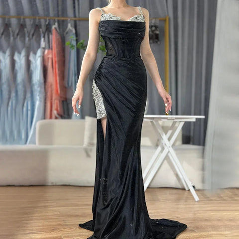 2025 Saudi Arabic Spaghetti Strap Wine Red Satin Evening Dress with High Slit for Formal Occasion LA72776