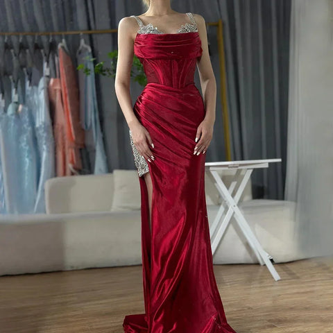2025 Saudi Arabic Spaghetti Strap Wine Red Satin Evening Dress with High Slit for Formal Occasion LA72776