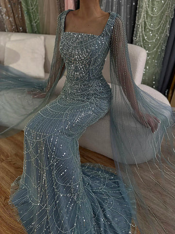 2025 Saudi Arabic Turquoise Mermaid Evening Dress With Pearls Beaded Cape Sleeves For Formal Occasion LA72590A
