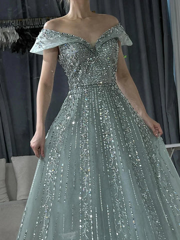 2025 Saudi Arabic Gray Beaded Design A-Line Evening Dresses Gowns for Formal Occasion LA72731