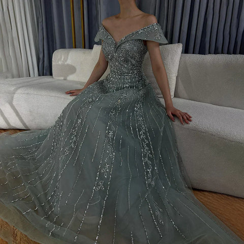 2025 Saudi Arabic Gray Beaded Design A-Line Evening Dresses Gowns for Formal Occasion LA72731