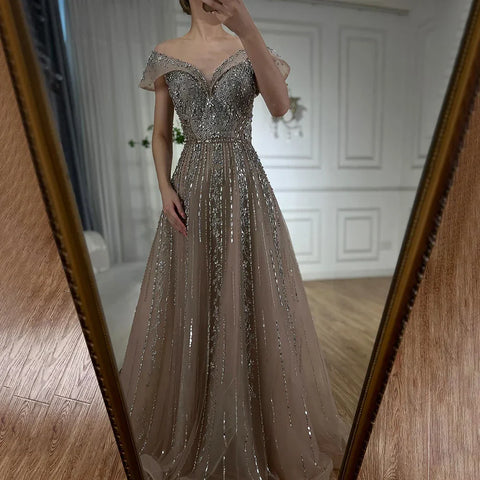 2025 Saudi Arabic Gray Beaded Design A-Line Evening Dresses Gowns for Formal Occasion LA72731