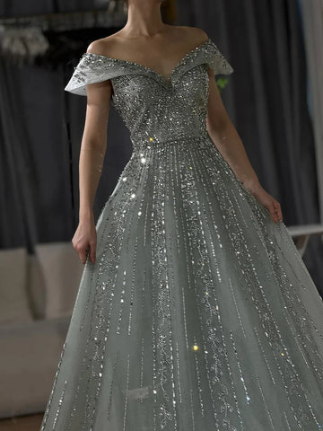 2025 Saudi Arabic Gray Beaded Design A-Line Evening Dresses Gowns for Formal Occasion LA72731