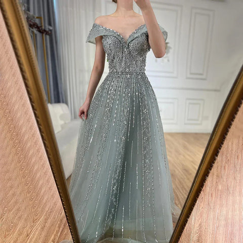 2025 Saudi Arabic Gray Beaded Design A-Line Evening Dresses Gowns for Formal Occasion LA72731