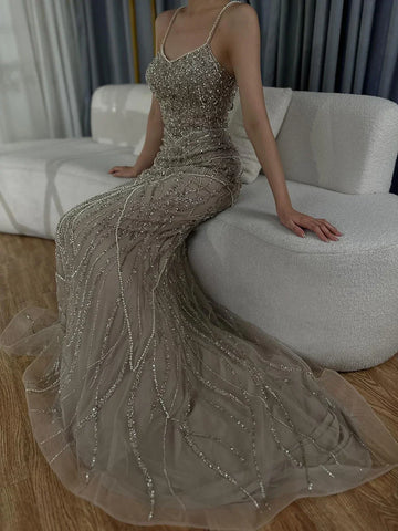 2025 Saudi Caramel Beaded Spaghetti Strap Arabic Mermaid Evening Dress Gown for Formal Occasion LA72733