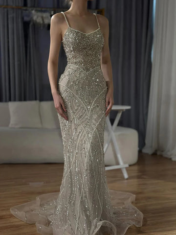 2025 Saudi Caramel Beaded Spaghetti Strap Arabic Mermaid Evening Dress Gown for Formal Occasion LA72733