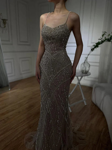 2025 Saudi Caramel Beaded Spaghetti Strap Arabic Mermaid Evening Dress Gown for Formal Occasion LA72733