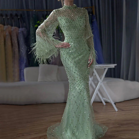 Luxury Beaded Feathers Sage Green Evening Dress Long Sleeves LA72394A